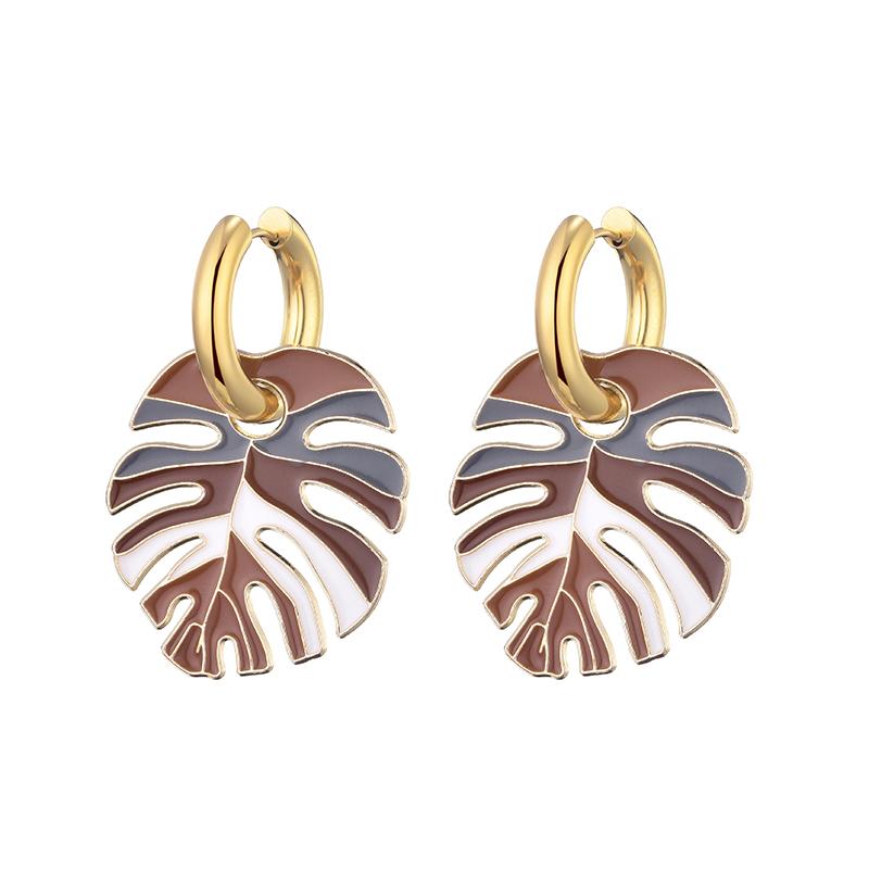 

Hot Colorful Big Leaf Pendant Gold Color Stainless Steel Earrings For Women Zircon Vintage Statement Enamel Round Hoop Earrings