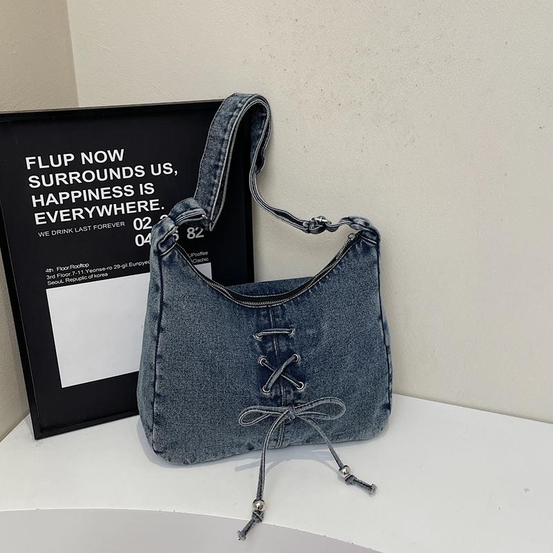 Denim Crossbody Bag Women's Bow Shoulder Bag Commuter Underarm Bag