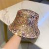 Dámský bucket Hat Fishing Cap Sequin Hip-hop Festival Glitter Bling Wide Brim