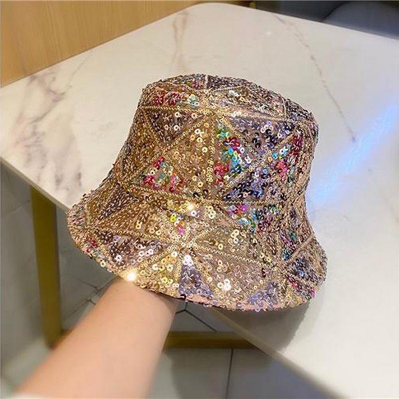 Women Bucket Hat Fishing Cap Sequin Hip-hop Festival Glitter Bling Wide Brim