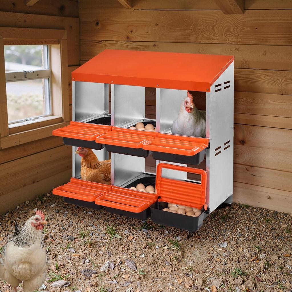2 Tiers Chicken Nesting Boxes, 6 Compartments, Metal Egg Laying Boxes with Protective Collection Lids, Roll Out Nesting Box, Easy to Assemble, Ideal