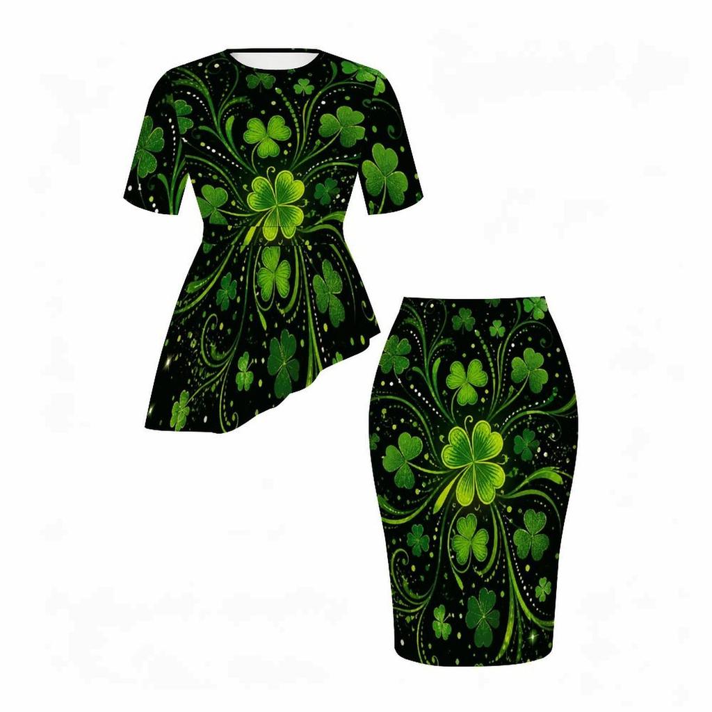 Women Plus Size Dark Green Shamrock Printed Round Neck Short Sleeve Asymmetric Top And Fitted Skirt Two Piece Set