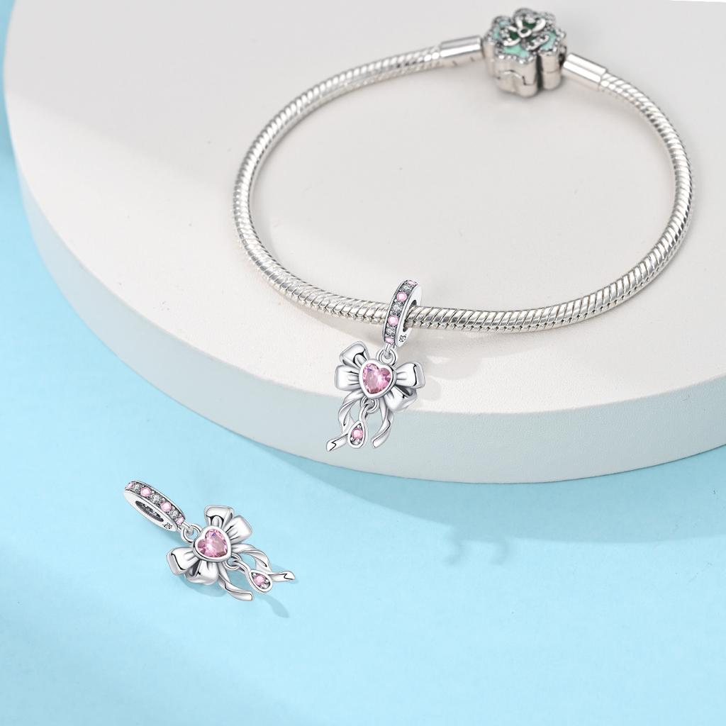 Fit Original Copper Charms Beads Pink Zircon Bow Tie Charms For Women Fine Diy Birthday Jewelry Gifts