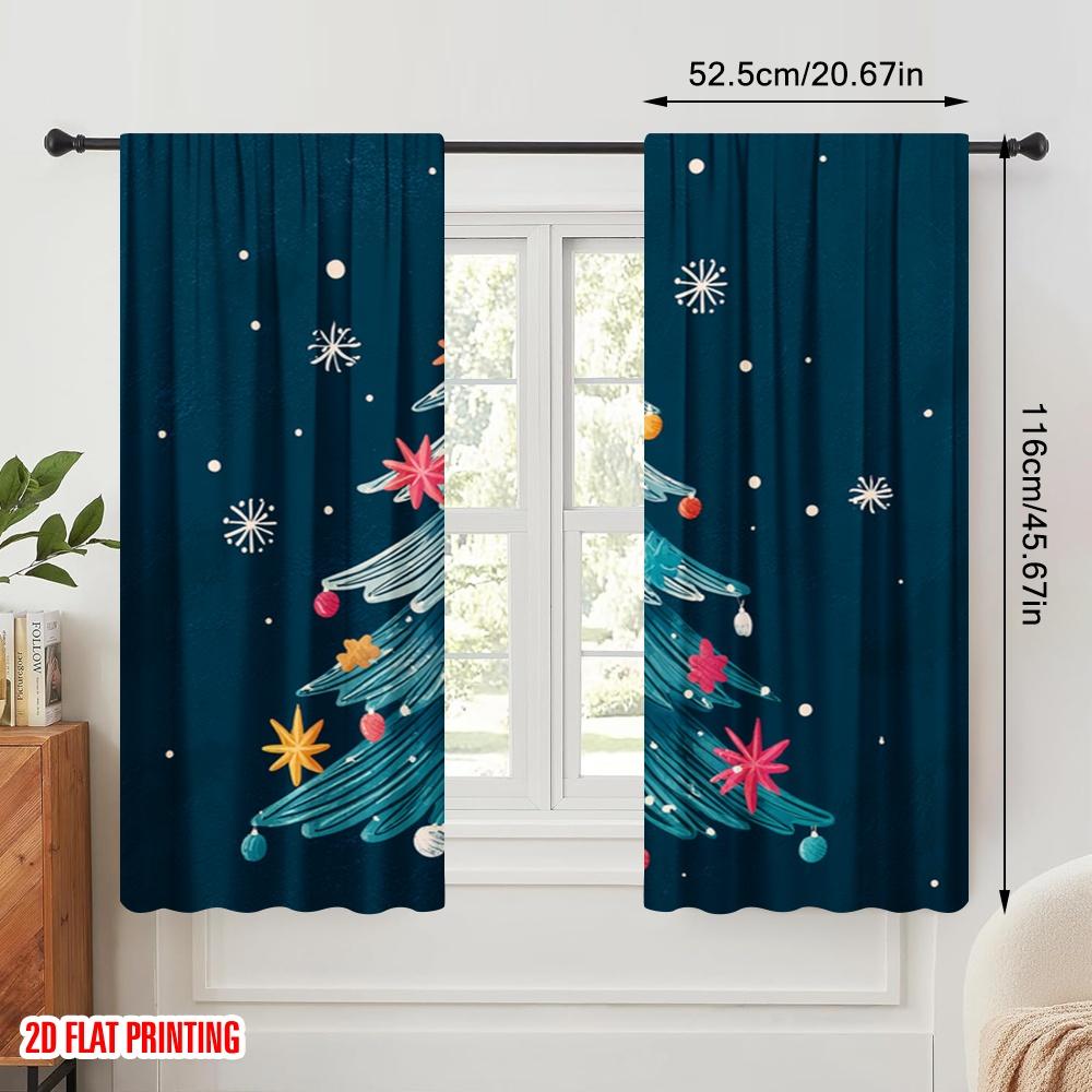 2 Stück, 2D-Flachdruckmuster Vorhänge Lebhafte Schneeflocke & Weihnachtsbaum Vielseitiger Polyesterstoff (ohne Stange) Vielseitig
