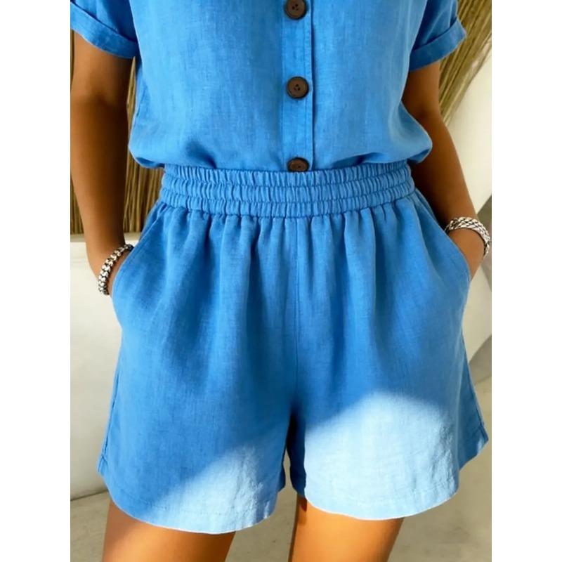 Set Casual con Camicia a Maniche Corte con Bottoni e Pantaloncini per Donna