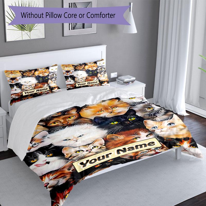 3PC Custom Name Feline Faces Collage Bedding Set Duvet Cover Closure Includes 1 Duvet Cover & 2 Pillowcases for Bedroom