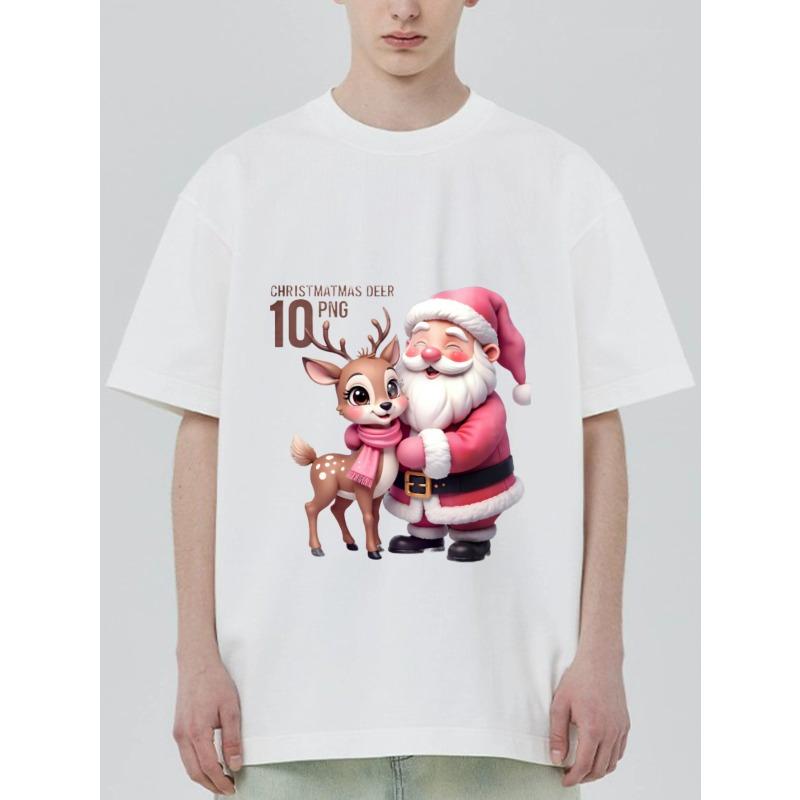Christmas T Shirt Black Santa Claus and Deer Cartoon Print for Holiday Season
