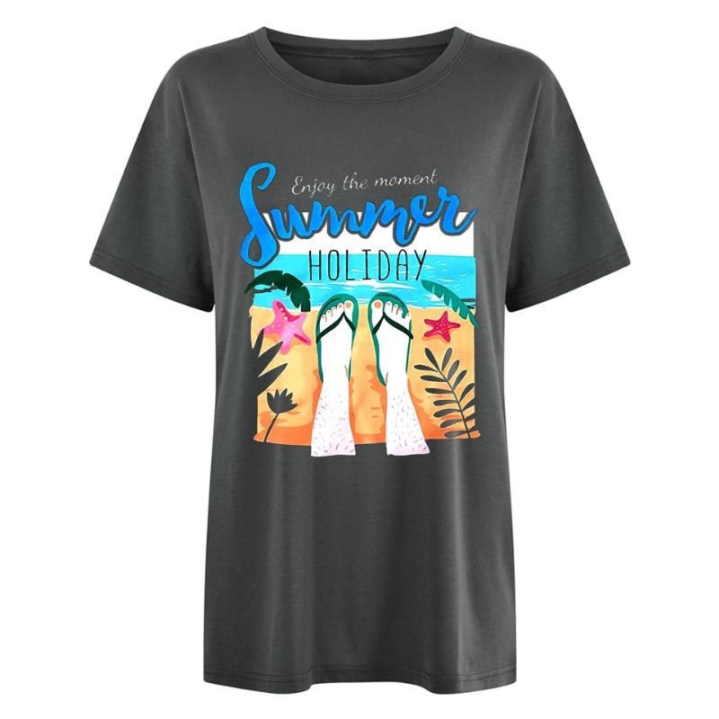 Spring Summer Letter Beach Sea View Pattern Printed Women's Loose Casual Round Neck Pure Cotton Short Sleeved T-Shirts Women’s