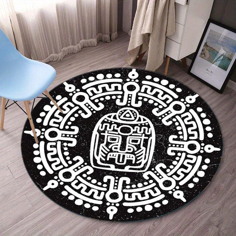 

Black and white tribal pattern round rug modern geometric design living room floor mat anti slip indoor carpet for bedroomspace 60cm x 60cm