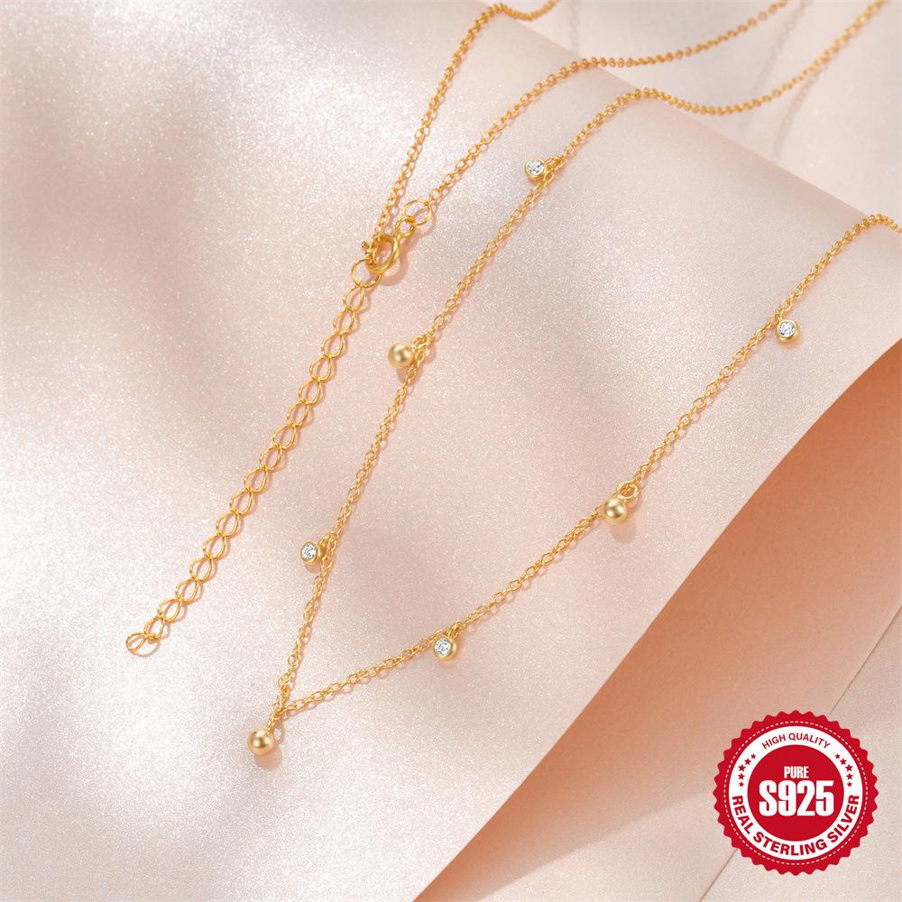 Simple Wind Round Bead Row Diamond White Zircon Necklace Female High-End Light Luxury Collarbone Chain
