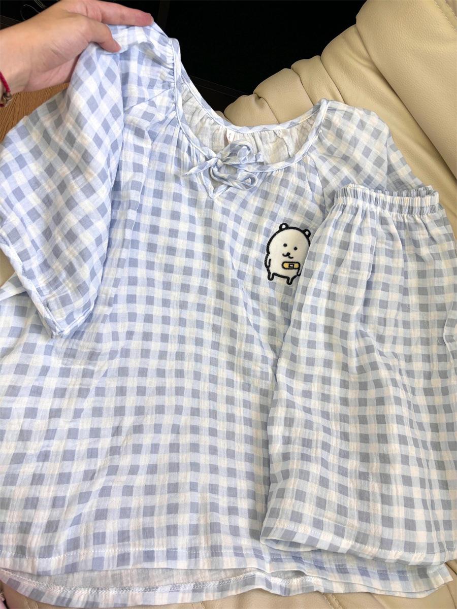 

Internet celebrities new blue plaid self-deprecating bear pajamas women s summer round neck short-sleeved shorts two-piece loungewear XXL