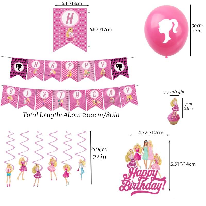 Barbie Doll Themed Purple Birthday Party Decoration Set With Cartoon Flags, Latex Balloons, And Cake Toppers