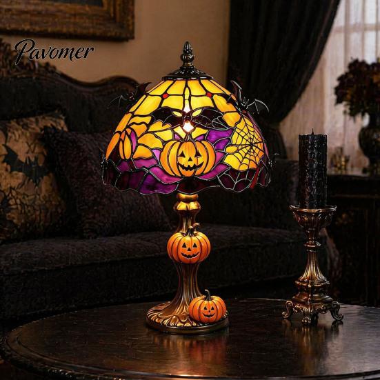 Interior Gothic Lighting Halloween Pumpkin Bat Table Lamp, Stained Glass Reading Light, Night Light Cozy Nightstand for Bedroom Bookshelf, Seasonal