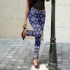 Women's Slim Pants with Retro Floral Print and Side Slit Design - Black
