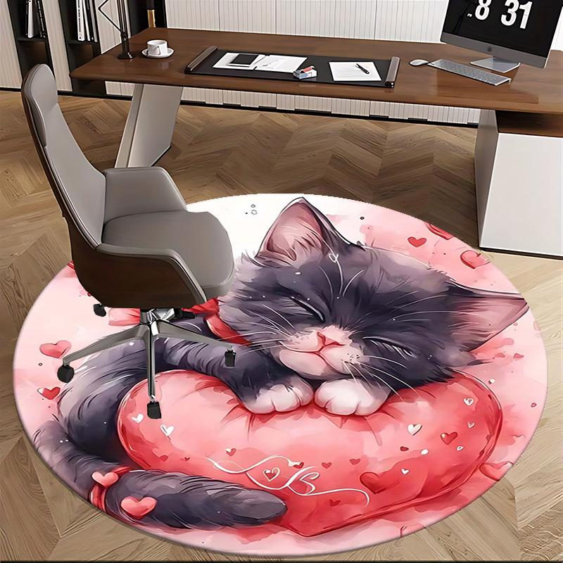 1pc Anime Design Round Carpet Cute Cat with Heart Print, Office Chair Mat, Non Slip Rug for Home Decor