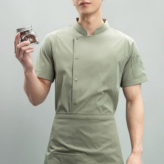 Chef Uniform Stand Collar Short Sleeve Chef Coat Single-Breasted Buttons Solid Color Workwear Professional Chef Apparel