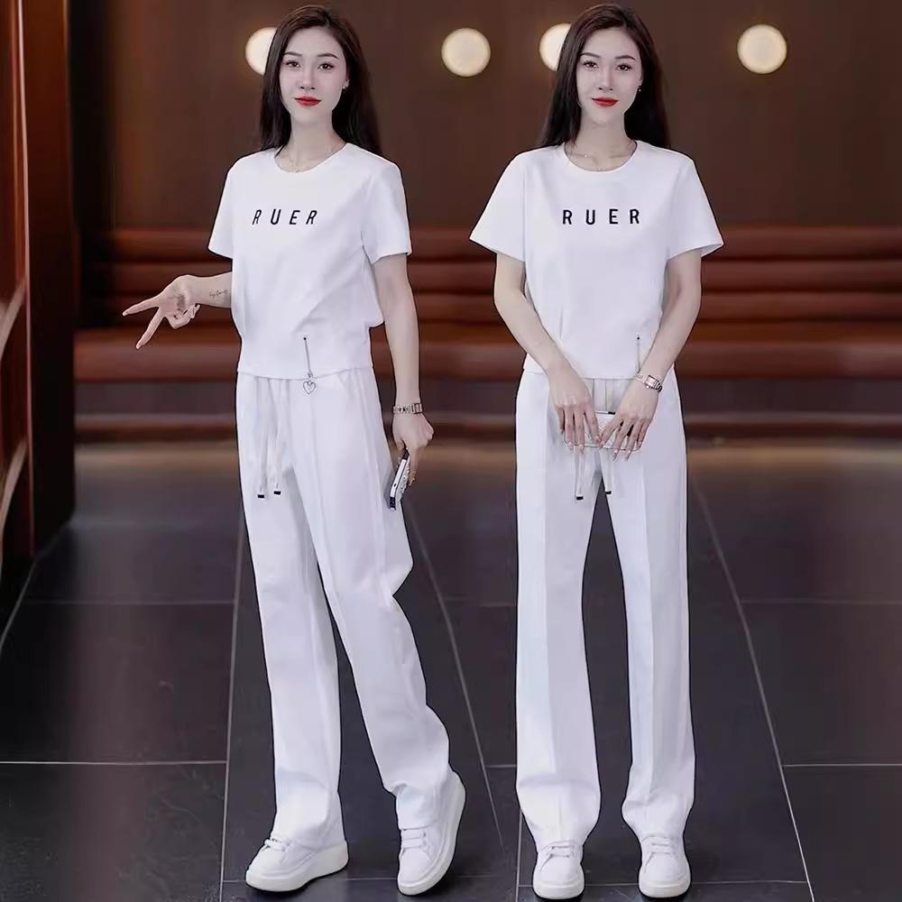 Summer Casual Sports Set Women's Short Sleeve Waist-Cinching Slimming Top Wide Leg Pants Two-Piece Trendy Outfit