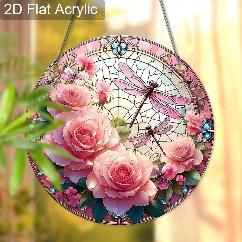 Acryl Rosa Rose Libelle Sonnenfänger Buntglas-Effekt Fensterhänge-Ornament Blumenliebhaber Geschenke