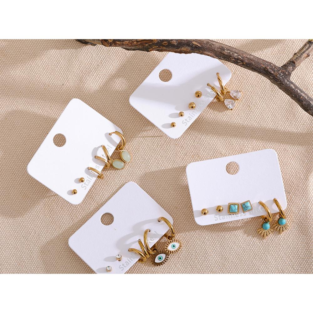 Yhpup 1 Set Fashion Natural Stone Drop Stainless Steel C Shape Geometric Stud Earrings Set Women Golden Chic Jewelry Gala Gift