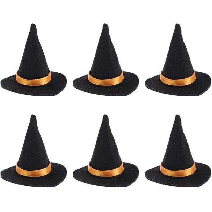 Mini Witch Hats and Brooms - Halloween Decorations for Party Favors, Birthday, Wedding, DIY Crafts Accessories - Set of 12 (6 Black Witch Hats + 6