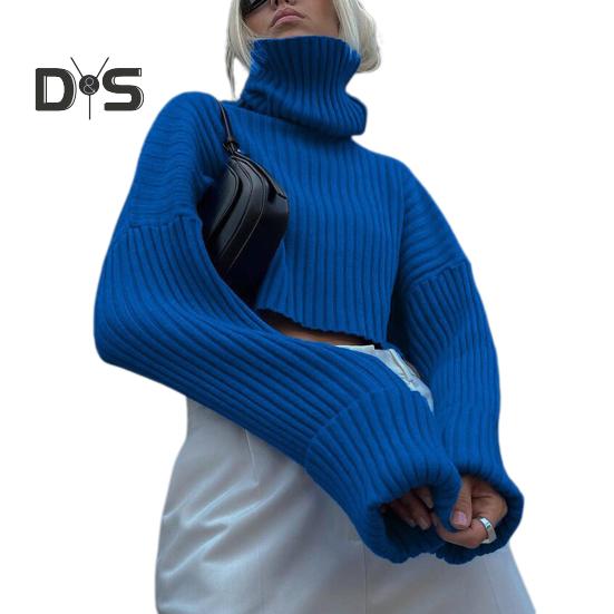 

Женский свитер с высоким воротником, расклешенный, с длинным рукавом, короткий, вязаный топ, однотонный, свободный крой, ребристый, повседневный трикотаж M синий