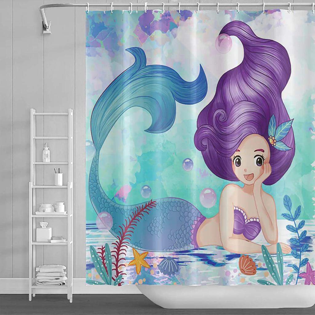 Mermaid Shower Curtain Tail Fish Girls Kids Cartoon Ocean Heart Colorful Purple Hair Seaweed Bath Decor with Hooks Waterproof