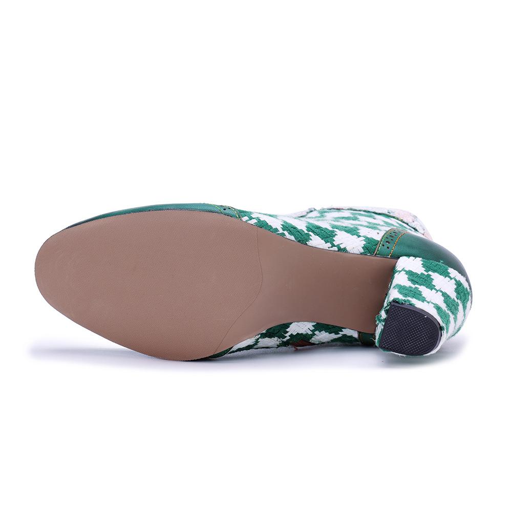 Johnature Women's High Heels Retro Genuine Leather Splicing Weaving Grid Pattern Flower Lace Short Boots