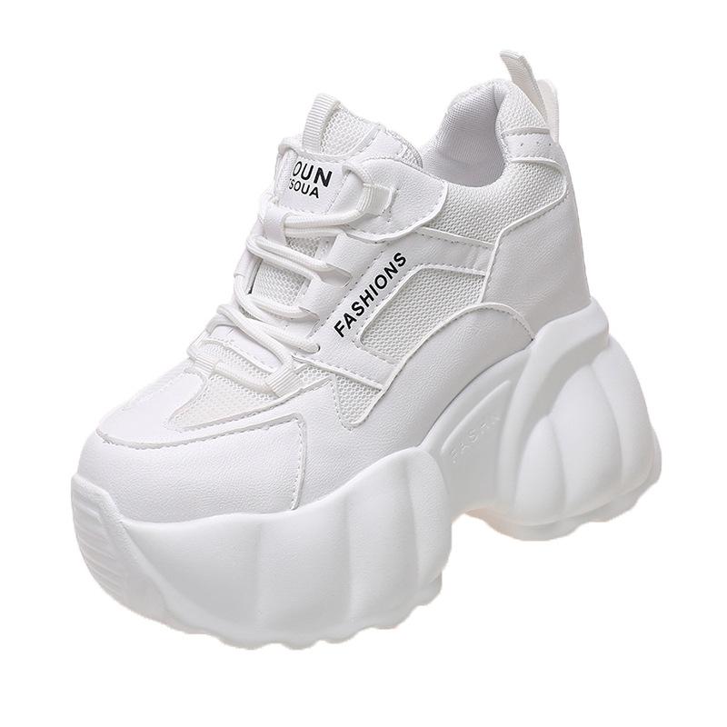 Eenfargede sportssko med tykk såle for kvinner Høy ankel Pustende fritidssko 10CM Mote tykksålede løpe- og fritidssko