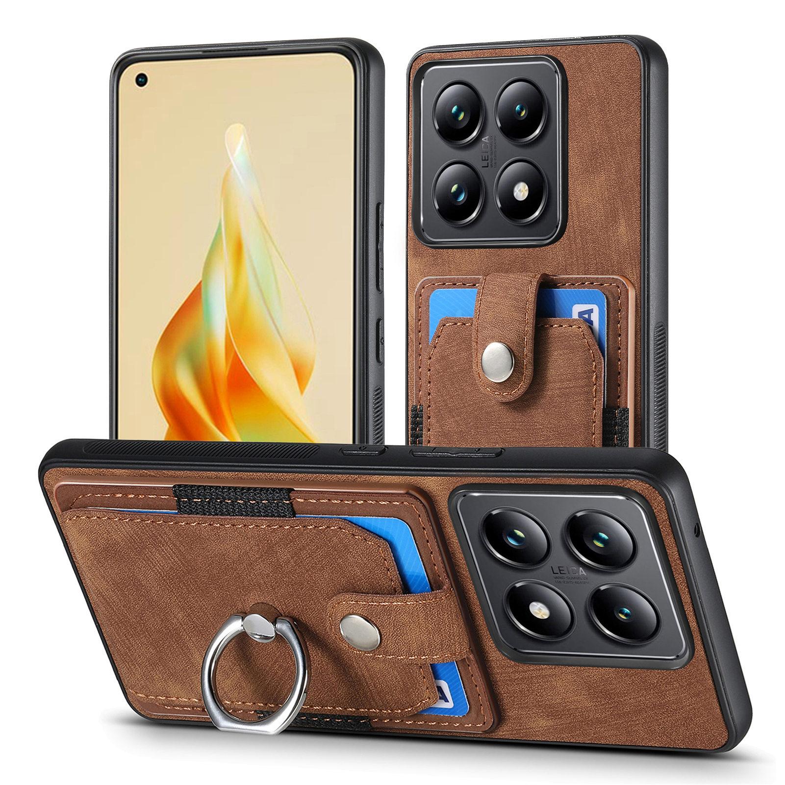 

Для телефону Xiaomi 14T Шкіряна задня кришка з відділеннями для карток Підставка Brown