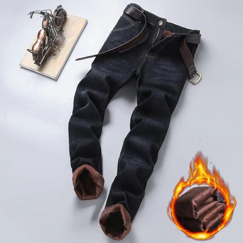 Zima Ležérní Pánské Teplé fleecové džíny Klasický styl Business Hustá kožešina Regular Fit Denim Kalhoty Značka Plyšové kalhoty