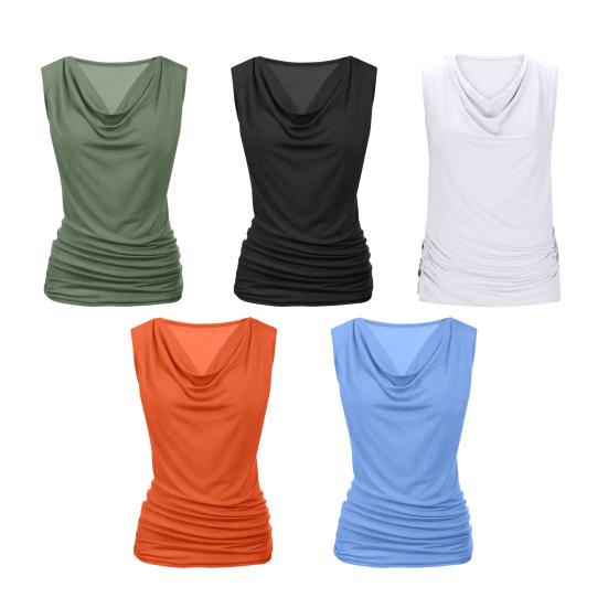 Damskie Topy Bez Rękawów Dekolt V Dopasowany Krój Boczne Plisy Casualowy T-shirt Jednolity Kolor Elastyczna Tkanina Miękki Letni Kamizelka