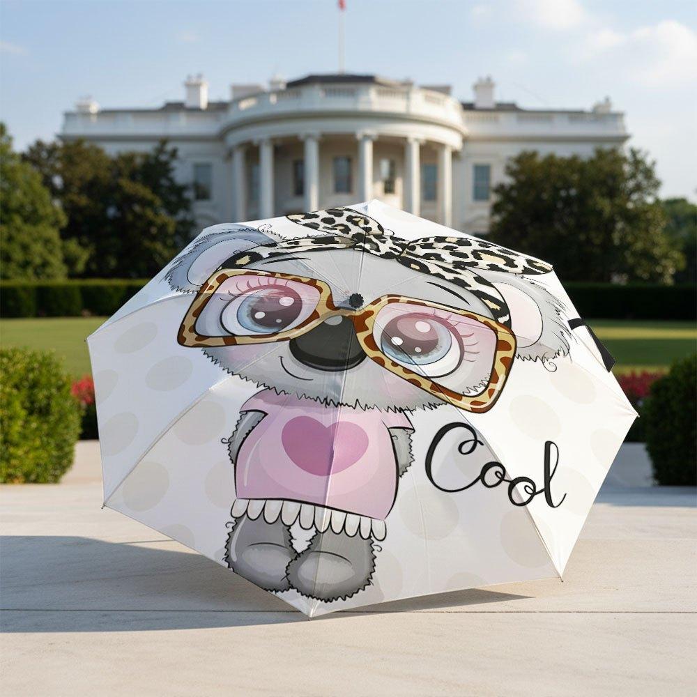 

1 - Cute Koala with Glasses & Headband Open/Close Portable Folding Umbrella - 8-Rib Compact Travel Umbrella with - Adorable An (as the picture,Iron&8K)