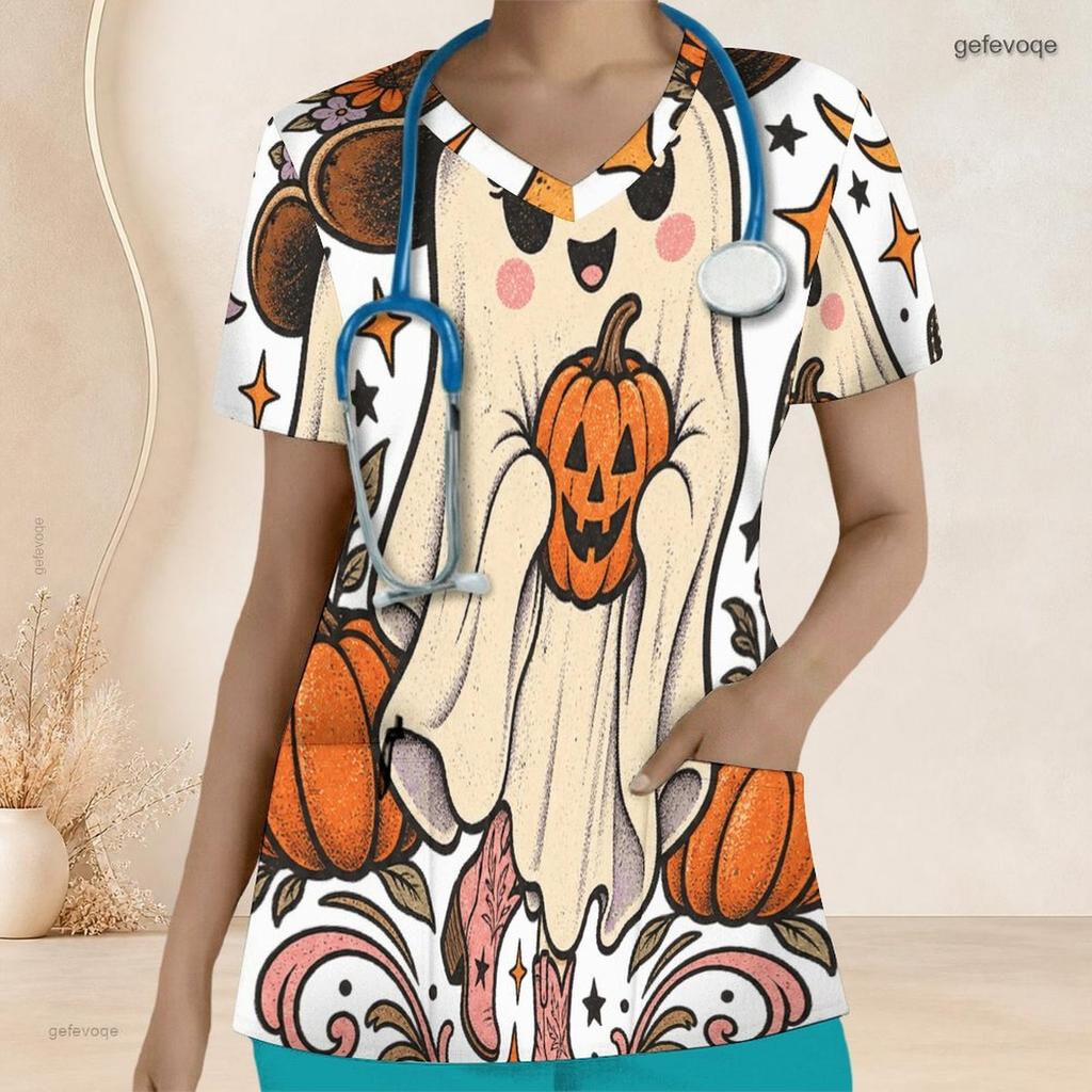 Women Plus Size V Neck Short Sleeve Halloween Ghost Pumpkin Printed Nurse Scrub Top With Front Pockets