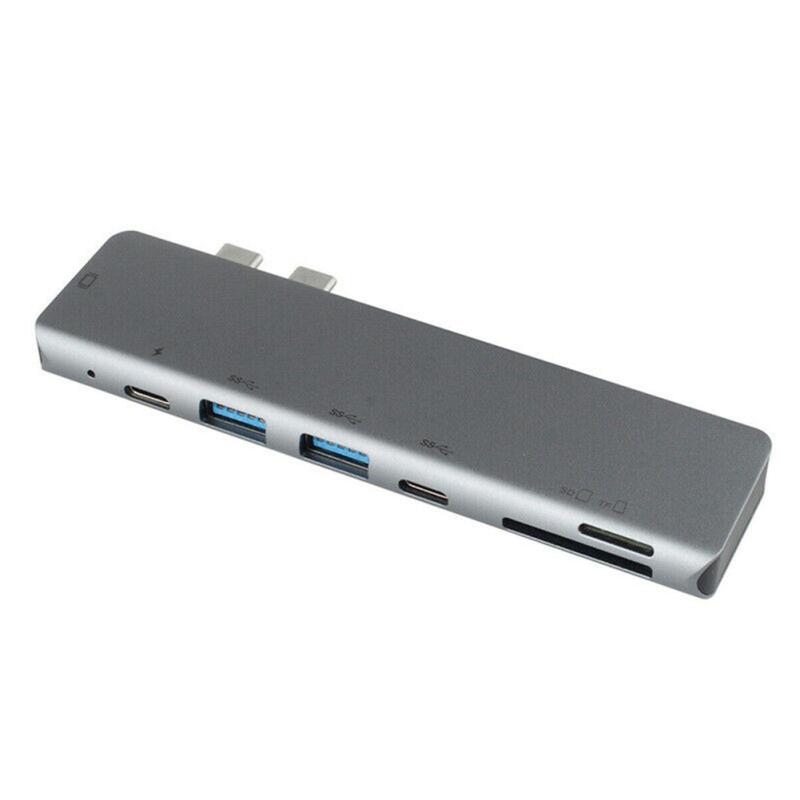 Aluminium Dual Usb-c Hub 7-in-1  Usb 3.1 Adapter Base Sd Card Reader Silver