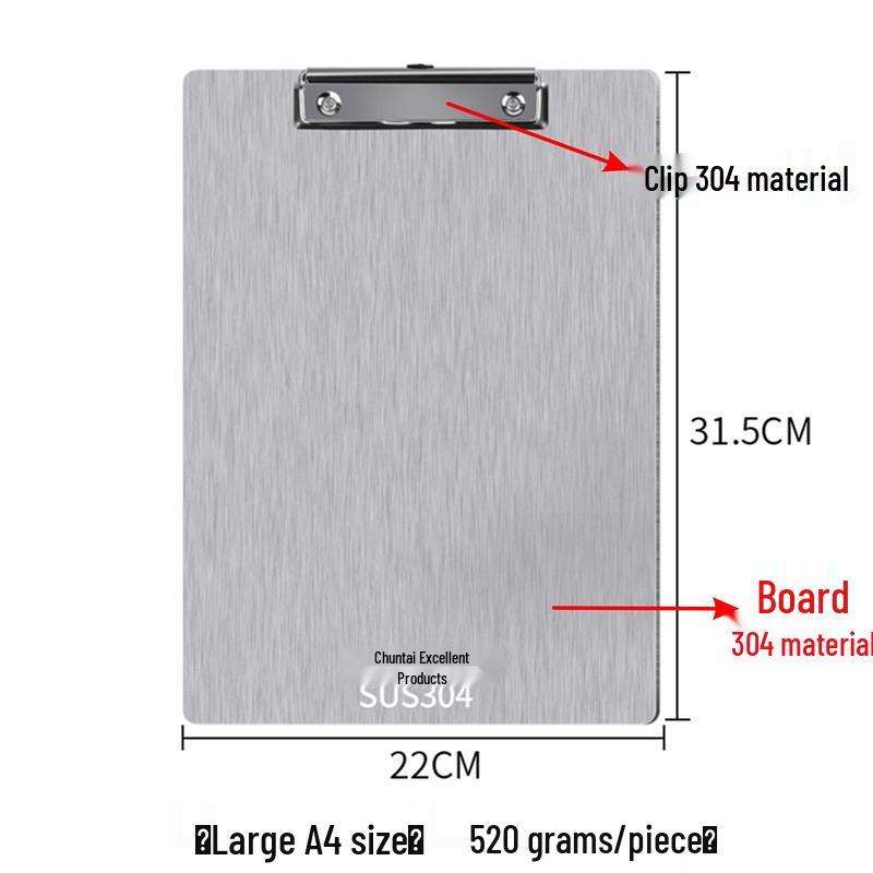 Chuntian Stainless Steel Clipboard with File Clip and Sticky Note Holder, A4/A3 Size