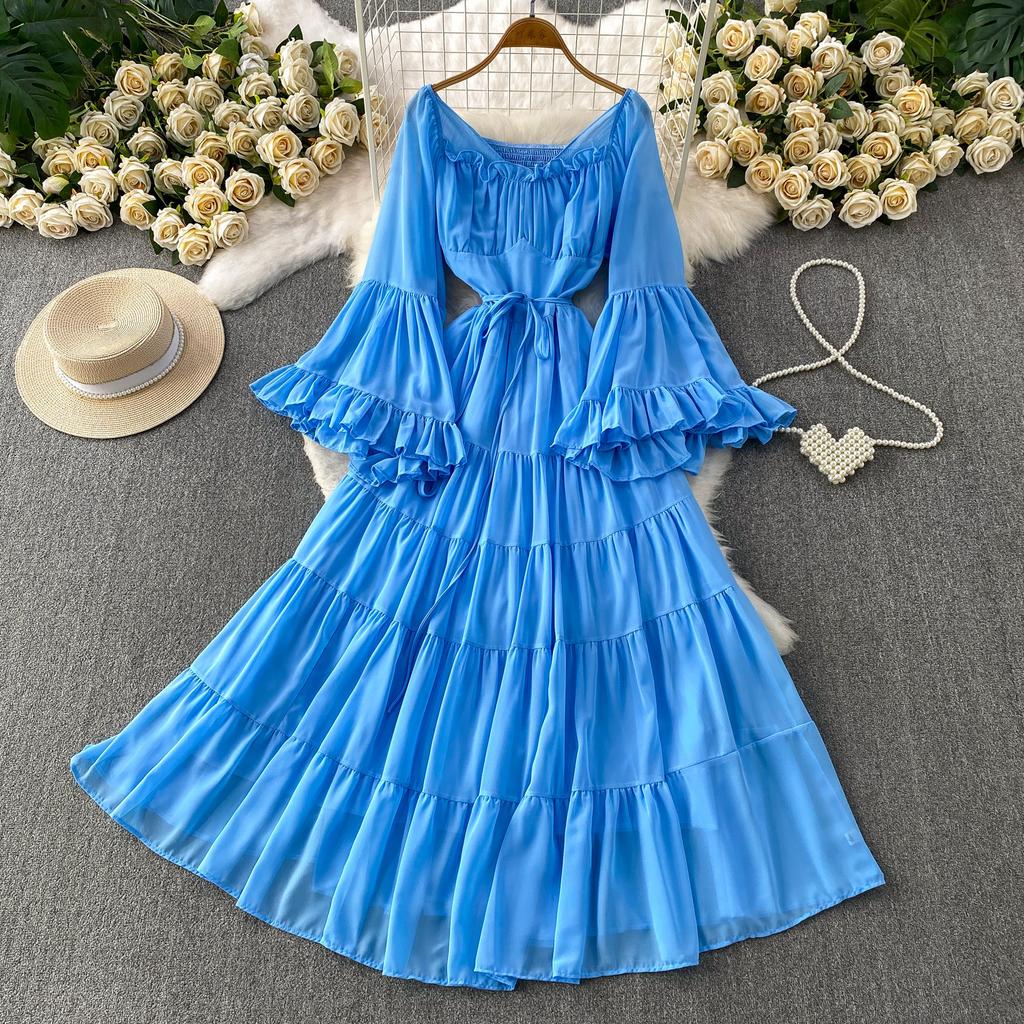 French Vacation Sexy One-word Shoulder Horn Sleeve Dress Women's Summer Senior Feeling Waist Thin Ruffle Edge Dress