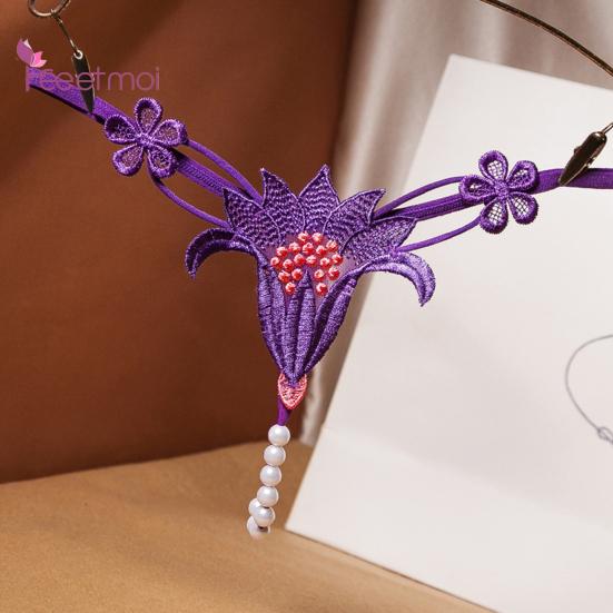 Damenhöschen, atmungsaktiv, niedriger Nylon-Blumenperlen-Unterwäsche, Tanga-Taille