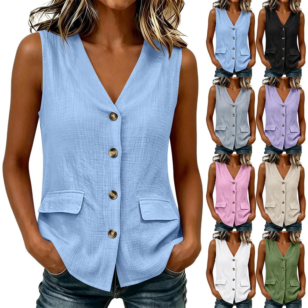 Women's Casual Button Front V Neck Sleeveless Vest Top Lightweight Summer Layering Shirt with Pockets and Relaxed Fit
