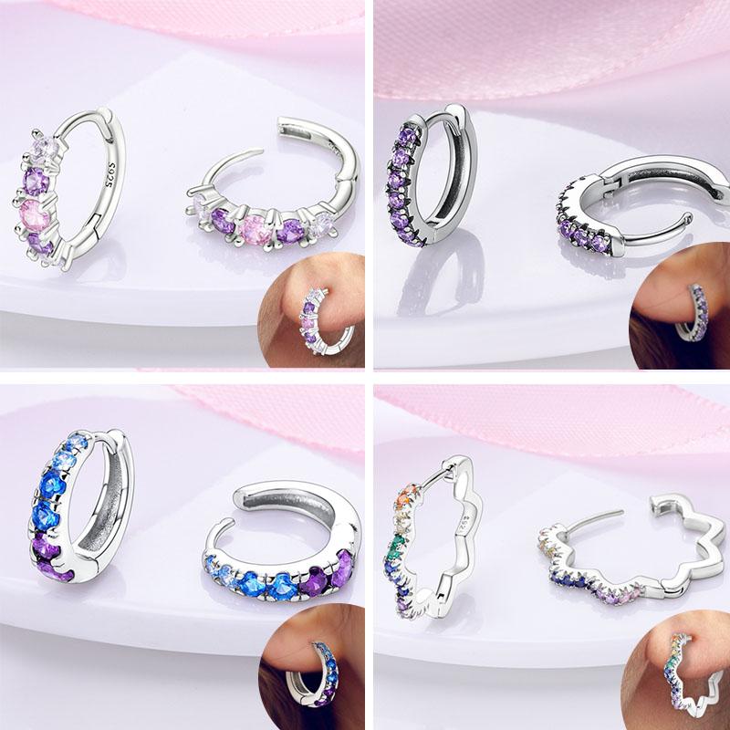Original 925 Silver Hoops Earrings Zircon Pave Colourful Hoop Earrings For Women Fashion Jewelry Gift