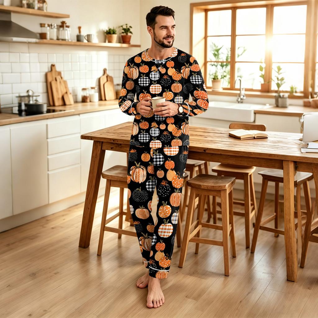Men's Halloween Print Pajama Set Loose Fit Casual Fashion Sleepwear for Nighttime