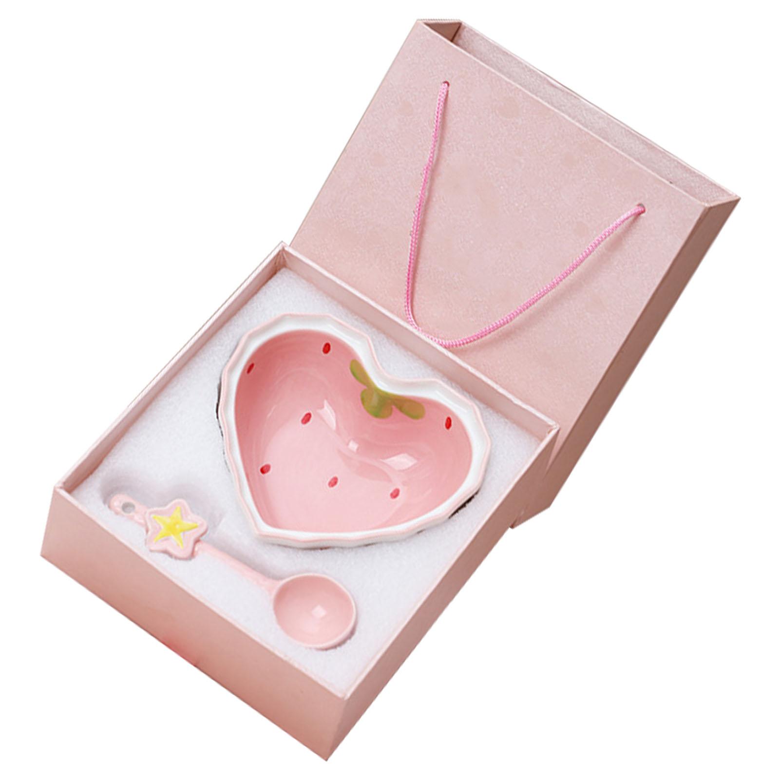

Strawberry Love Heart Bowl Pink Cute Lovely High Temperature Firing Ceramic Dessert Bowl with Spoon for Salad 1 Bowl 1