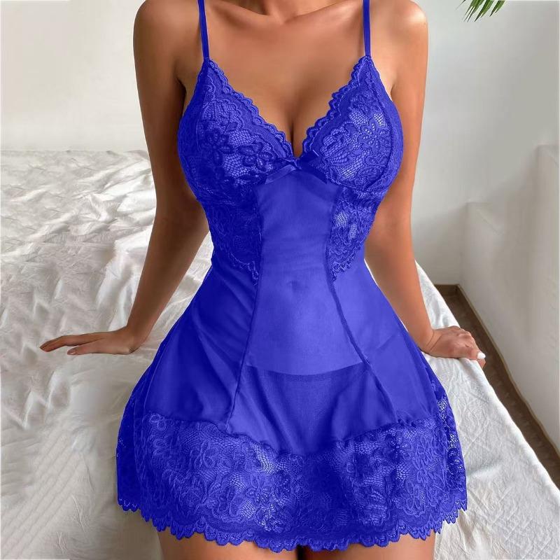 Sexy deep V-opening bra erotic lingerie set sexy crotch underwear women's lace hollow jumpsuit exotic pajama dress