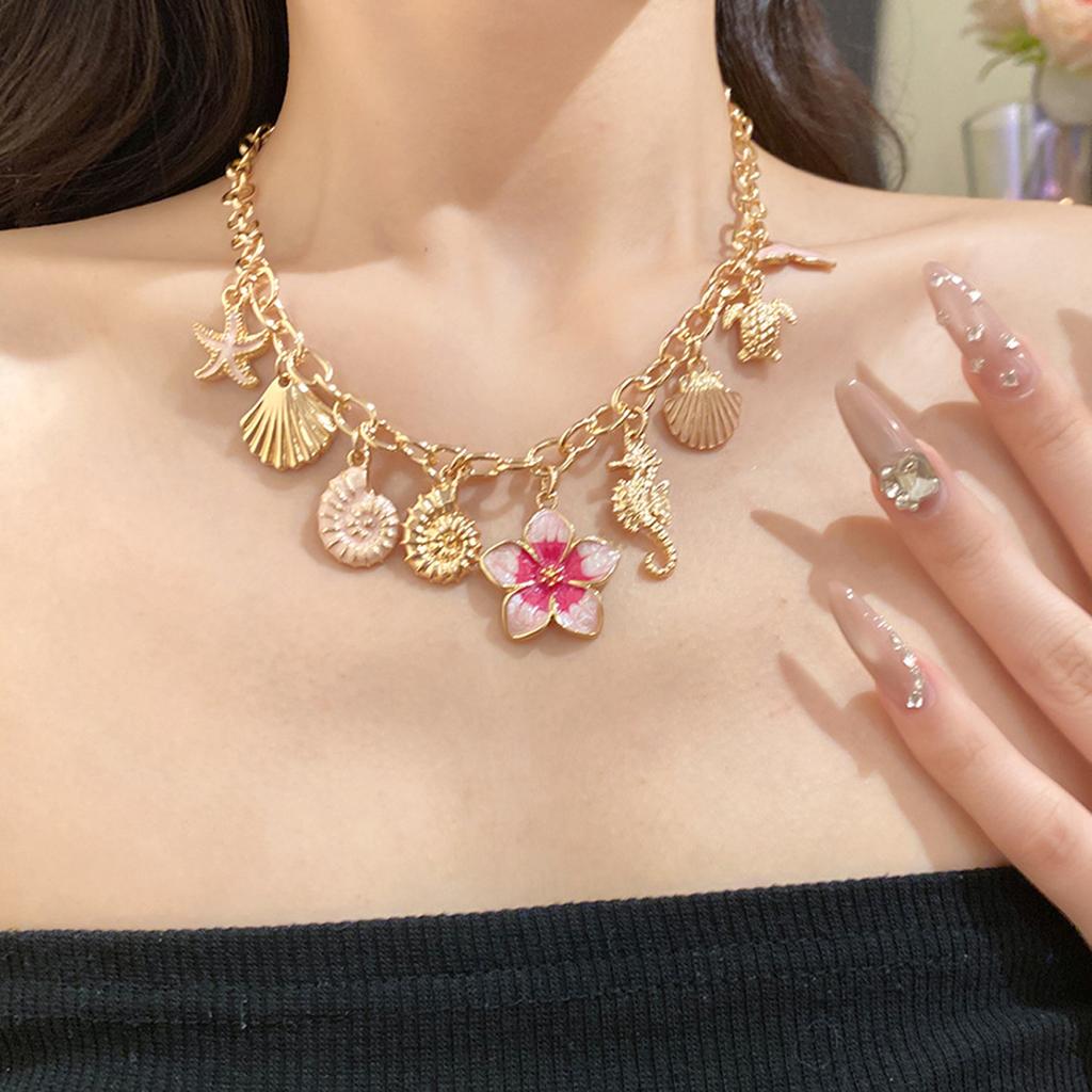 Ozean Serie Emaille Anhänger Halskette Damen Seestern Muschel Blume Halskette Retro Meeresküste Strand Urlaub Tägliche Schmuck Accessoires