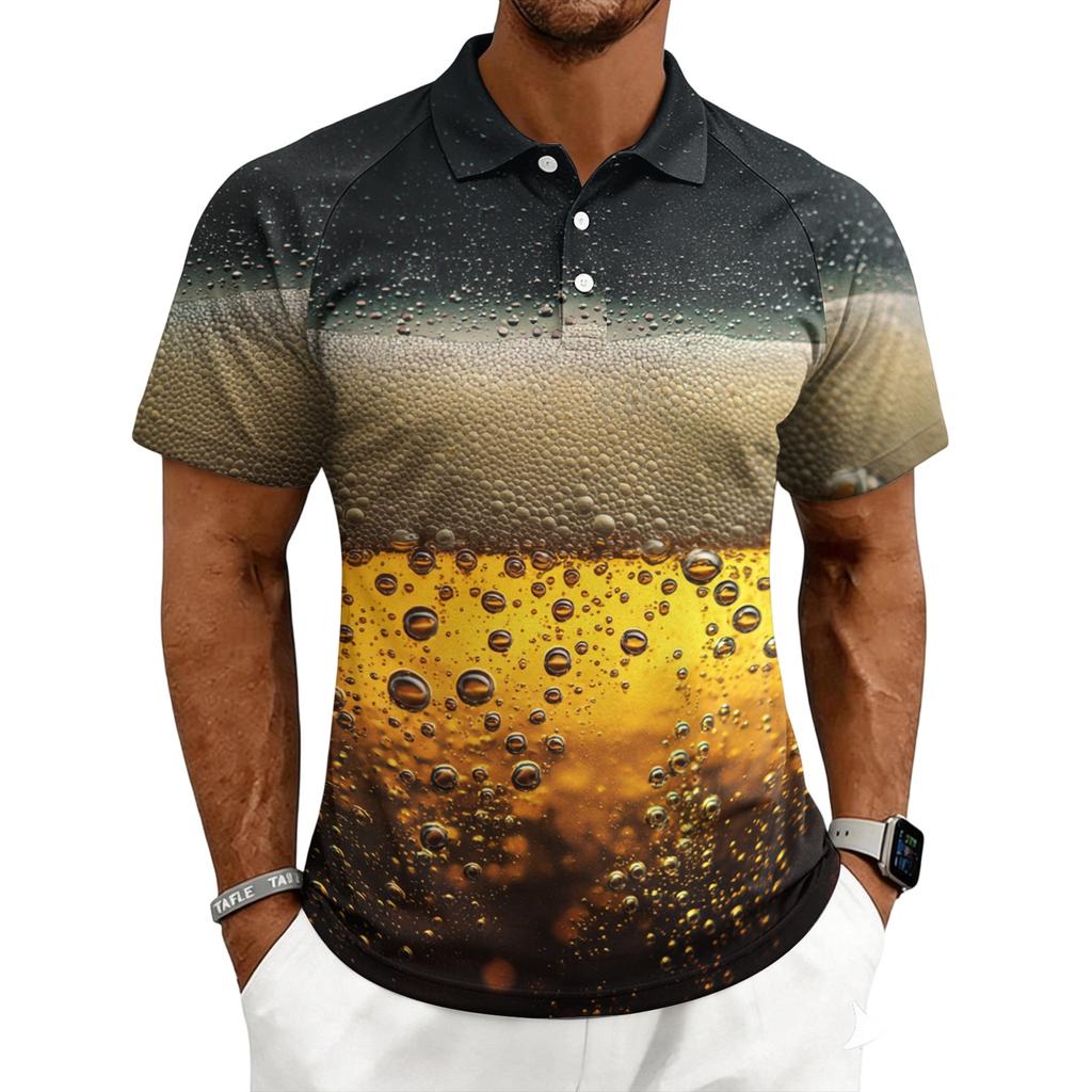 Men’s Casual Printed Polo Shirt with Short Sleeves Button Front and Turn-down Collar for Everyday Wear