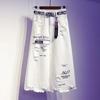 Women Skirt White Denim Long Skirts Letter Print Korean Style Fashion Hole Oversize Plus Size Female Skirts