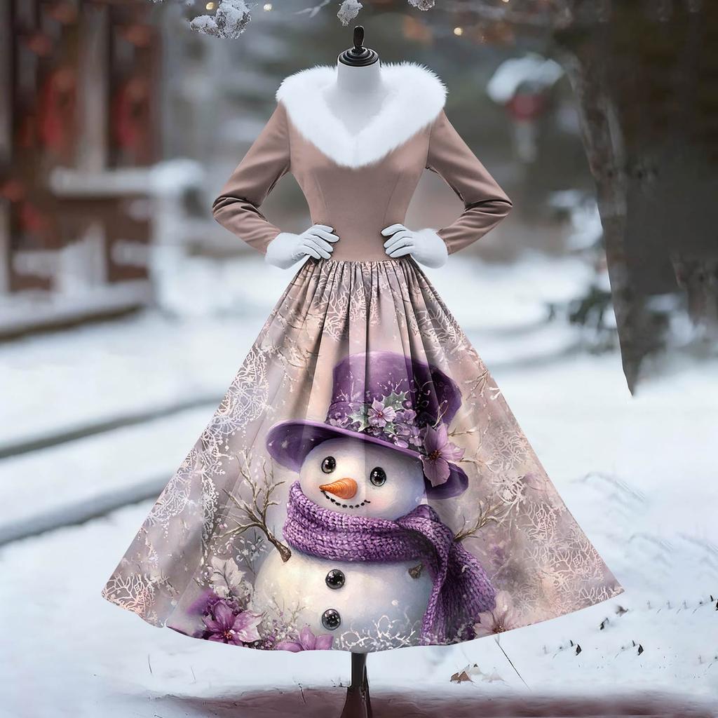 Women's Casual Dress Long-Sleeve V-Neck Patchwork Fleece Christmas Print Dress