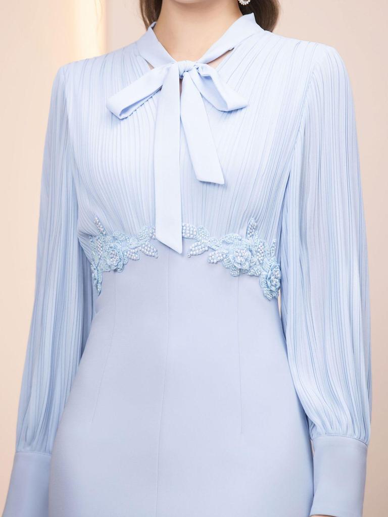 Zhi Li Light Blue Fishtail Dress: Spring 2026 Luxury Beaded Waist-Cinched French Style