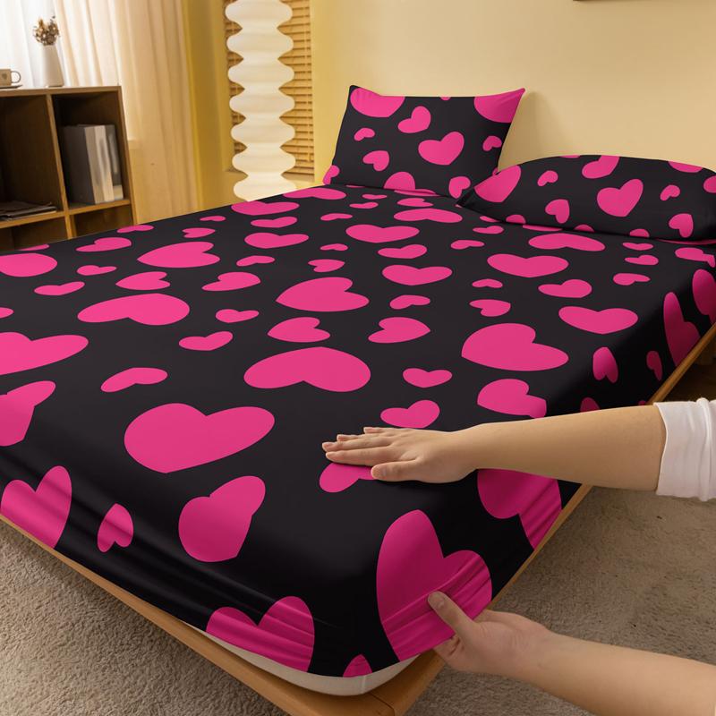 Simple 1 Modern Heart-Shaped Geometry Printed Matte Fitted Sheet, Bedroom Printed Bed Cover, Bedding Excluding Pillowcases