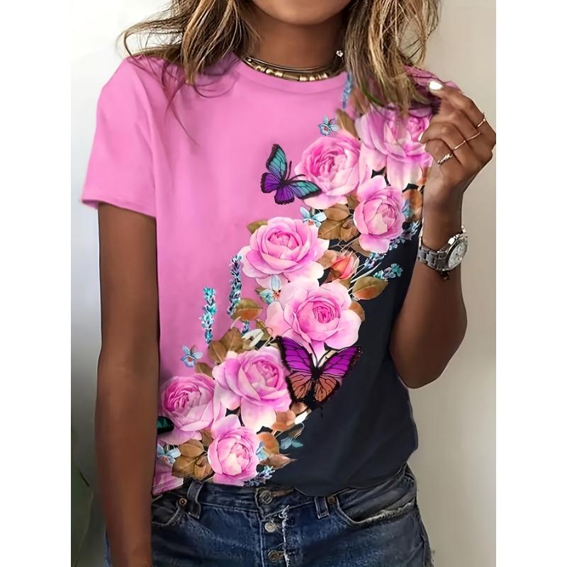 

Футболка с принтом розы, футболка с цифровым принтом бабочки, женский топ с коротким рукавом и круглым вырезом L