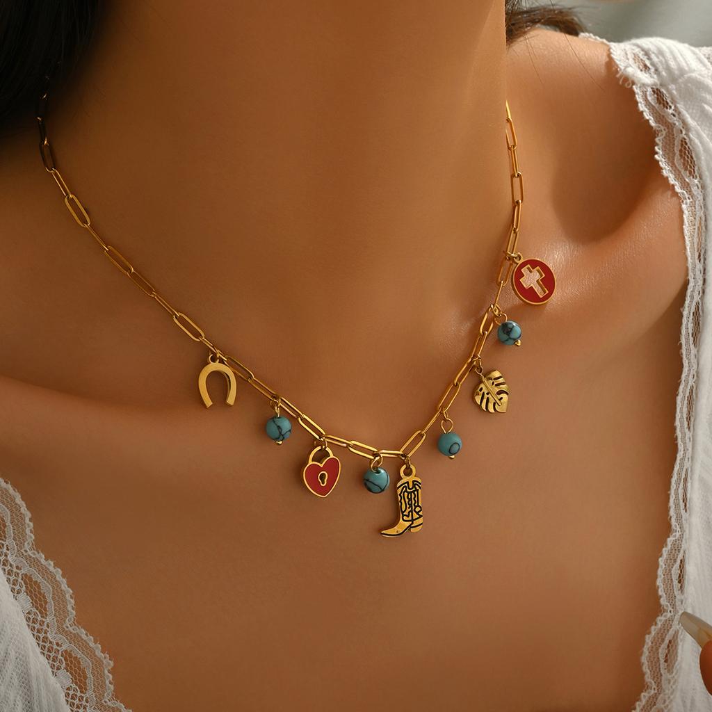 Fashion Style Women's Geometric Necklace, Niche Drip Oil Elements Inlaid with Turquoise Design Collarbone Chain